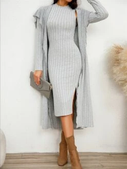 Women's Two Piece Dress Set Casual Dress Sheath Dress Home Daily Fashion Streetwear Split Midi Dress Stand Collar Long Sleeve Plain Slim Black Army Green Gray Fall Winter S M L XL XXL -HANA Luxury Wear Shop ccxqkh1695813699466