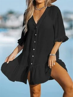 Women's Shirt Dress Casual Dress Mini Dress Outdoor Daily Polyester Hot Basic Shirt Collar Ruffle Button Half Sleeve Summer Spring 2023 Loose Fit Black White Apricot Plain S M L XL 2XL -HANA Luxury Wear Shop cdbrsm1689227078705