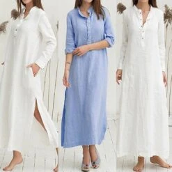 Women's Cotton Dress Pajamas Nightgown Nighty Pure Color Retro Comfort Home Daily Stand Collar Long Sleeve Button Summer Fall Spring White Blue -HANA Luxury Wear Shop cdppmv1654080574138