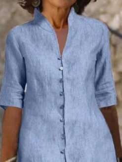 Women's Casual Dress Cotton Linen Dress Shift Dress Midi Dress Cotton Blend Basic Modern Outdoor Daily Vacation Stand Collar Button Half Sleeve Summer Spring Fall 2023 Loose Fit Blue Plain S M L XL -HANA Luxury Wear Shop cdugoc1684322611848