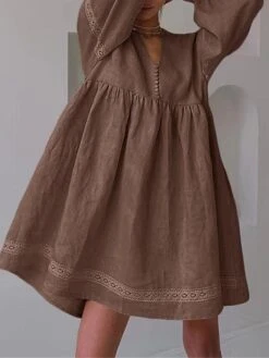 Women's Casual Dress Cotton Linen Dress Swing Dress Mini Dress Linen / Cotton Blend Fashion Modern Outdoor Daily Vacation V Neck Lace Ruched Long Sleeve Fall Winter Autumn 2023 Loose Fit Blue Brown -HANA Luxury Wear Shop cebzxk1692961125795