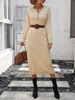 Women's Sweater Dress Winter Dress Jumper Dress Midi Dress Button Daily Date Going Out Fashion Basic Crew Neck Long Sleeve 2023 Loose Fit Black White Purple Color S M L XL Size -HANA Luxury Wear Shop cedyhq1691991579863