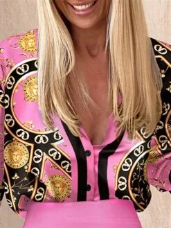 Women's Two Piece Dress Set Casual Dress Skirt Set Daily Holiday Fashion Streetwear Button Print Mini Dress V Neck Long Sleeve Print Loose Fit Rose Red Fall Winter S M L XL -HANA Luxury Wear Shop celjlw1694596335977