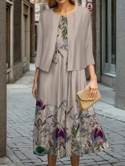 Women's Two Piece Dress Set Casual Dress Swing Dress Outdoor Office Fashion Streetwear Print Midi Dress Crew Neck 3/4 Length Sleeve Leaf Floral Regular Fit Navy Blue Gray Fall Winter S M L XL XXL -HANA Luxury Wear Shop ceppvb1697524428833