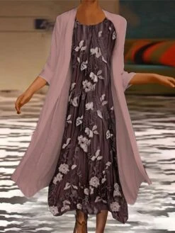 Women's Two Piece Dress Set Casual Dress Chiffon Dress Outdoor Daily Fashion Casual Print Maxi Dress Crew Neck 3/4 Length Sleeve Floral Loose Fit Pink Blue Summer Spring S M L XL XXL -HANA Luxury Wear Shop cexjgh1697450527078