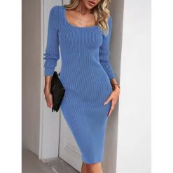 Women's Sweater Dress Winter Dress Jumper Dress Midi Dress Split Daily Date Going Out Active Fashion Crew Neck Long Sleeve 2023 Slim Black Blue Green Color S M L XL Size -HANA Luxury Wear Shop cfkilc1692353017541
