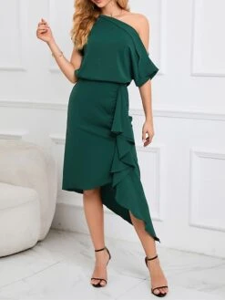 Women's Two Piece Dress Set Party Dress Skirt Set Party Outdoor Fashion Party Ruffle Asymmetrical Midi Dress Off Shoulder Half Sleeve Plain Loose Fit Green Spring Fall S M L XL XXL -HANA Luxury Wear Shop cfpncb1692339649255