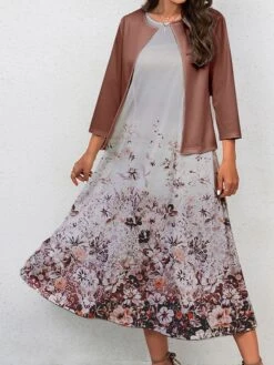 Women's Two Piece Dress Set Casual Dress Swing Dress Outdoor Office Fashion Streetwear Print Midi Dress Crew Neck 3/4 Length Sleeve Floral Regular Fit Navy Blue Royal Blue Blue Fall Winter S M L XL -HANA Luxury Wear Shop cfrjne1697770546542