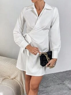 Women's Shirt Dress Casual Dress Sheath Dress Mini Dress Outdoor Daily Vacation Polyester Fashion Modern Shirt Collar Lace Up Long Sleeve Spring Fall Winter 2023 Regular Fit ArmyGreen Black White -HANA Luxury Wear Shop cfvpjd1695027666671