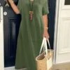 Women's Casual Dress Cotton Linen Dress A Line Dress Maxi Long Dress Cotton Blend Daily Classic Outdoor Daily Vacation V Neck Pocket Baggy Short Sleeve Summer Spring 2023 Loose Fit Red Blue Green -HANA Luxury Wear Shop cgajsu1686730132938