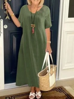 Women's Casual Dress Cotton Linen Dress A Line Dress Maxi Long Dress Cotton Blend Daily Classic Outdoor Daily Vacation V Neck Pocket Baggy Short Sleeve Summer Spring 2023 Loose Fit Red Blue Green