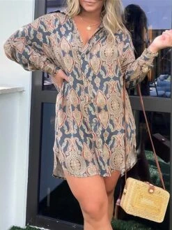 Women's Shirt Dress Casual Dress Mini Dress Outdoor Daily Vacation Cotton Fashion Casual Shirt Collar Button Print Long Sleeve Fall 2023 Loose Fit Blue Floral Geometric Color Block S M L XL 2XL