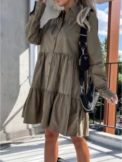 Women's Shirt Dress Casual Dress Swing Dress Midi Dress Outdoor Daily Vacation Cotton Basic Modern Shirt Collar Ruffle Button Long Sleeve Fall Winter 2023 Regular Fit ArmyGreen Black White Pure Color -HANA Luxury Wear Shop cghtkx1695813926865