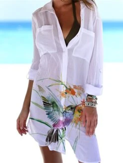 Women's Shirt Dress Cover Up Beach Wear Mini Dress Pocket Print Fashion Casual Floral Turndown 3/4 Length Sleeve Loose Fit Outdoor Daily White Yellow 2023 Summer Spring S M L XL -HANA Luxury Wear Shop cgrzsq1676972515300