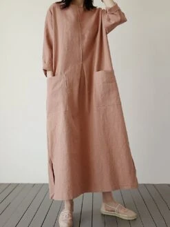 Women's Casual Dress Cotton Linen Dress Maxi Long Dress Linen / Cotton Blend Basic Classic Outdoor Daily Vacation Crew Neck Pocket Split 3/4 Length Sleeve Spring Fall Autumn 2023 Loose Fit Red Apricot -HANA Luxury Wear Shop cicgba1692872464766