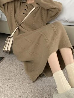 Women's Sweater Dress Jumper Dress Casual Dress Midi Dress Fashion Pure Color Outdoor Daily Vacation Going Out Lapel Long Sleeve Patchwork Button 2023 Regular Fit White Camel One Size -HANA Luxury Wear Shop cihhww1695280923213