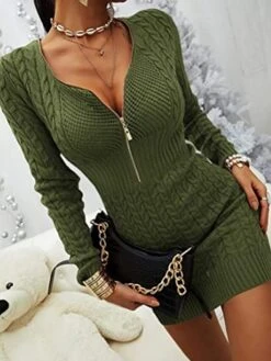 Women's Sweater Dress Jumper Dress Sheath Dress Mini Dress Warm Pure Color Outdoor Casual Holiday Going Out V Neck Long Sleeve Zipper 2023 Slim Black White Pink S M L XL XXL 3XL -HANA Luxury Wear Shop cjdnae1694166178685