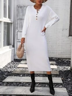 Women's Sweater Dress Jumper Dress Casual Dress Midi Dress Active Plain Outdoor Casual Holiday Vacation Crew Neck Long Sleeve Button 2023 Loose Fit Black White Purple S M L XL -HANA Luxury Wear Shop cjhirk1697595527739