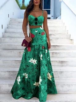 Women's Dress Set Two Piece Dress Skirt Set Long Dress Maxi Dress Yellow Green Sleeveless Floral Backless Summer Spring Spaghetti Strap Vacation 2023 S M L XL XXL 3XL