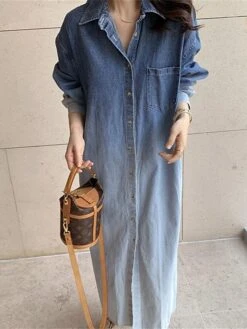 Women's Shirt Dress Casual Dress Maxi Long Dress Outdoor Daily Vacation Denim Fashion Modern Shirt Collar Button Pocket Long Sleeve Spring Fall Winter 2023 Loose Fit Blue Ombre M -HANA Luxury Wear Shop ckwpix1695027657684