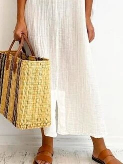Women's Casual Dress Cotton Linen Dress Shift Dress Maxi Long Dress Cotton Blend Daily Classic Outdoor Daily Vacation Split Neck Split Basic Half Sleeve Summer Spring Fall 2023 Loose Fit White Plain -HANA Luxury Wear Shop ckxfrw1686030358749
