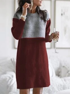Women‘s Sweater Dress Winter Dress Wine Army Green Dusty Blue Brown Black Long Sleeve Color Block Patchwork Winter Fall Crew Neck Turtleneck Casual S M L XL XXL 3XL Cotton -HANA Luxury Wear Shop clkwcx1630305238821