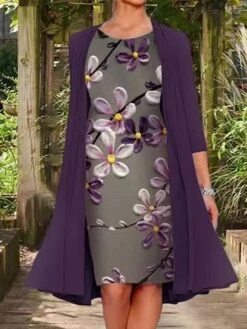 Women's Two Piece Dress Set Shift Dress Chiffon Dress Daily Going Out Casual Print Midi Dress Crew Neck 3/4 Length Sleeve Floral Regular Fit Navy Blue Light Purple Purple Summer Spring M L XL XXL XXXL -HANA Luxury Wear Shop clqlan1672827939084