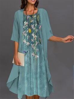 Women's Two Piece Dress Set Casual Dress Print Dress Outdoor Daily Fashion Elegant Print Midi Dress Crew Neck 3/4 Length Sleeve Floral Butterfly Loose Fit Pink Navy Blue Royal Blue Summer Spring S M -HANA Luxury Wear Shop clzjtl1689579993149