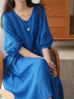 Women's Casual Dress Cotton Linen Dress Swing Dress Midi Dress Cotton Blend Basic Casual Outdoor Daily V Neck Ruched 3/4 Length Sleeve Summer Spring 2023 Loose Fit Black White Yellow Pure Color M L -HANA Luxury Wear Shop cmccls1677135419475