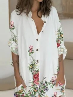 Women's Shirt Dress Casual Dress Mini Dress Winter Dress Daily Holiday Polyester Casual Shirt Collar Button Pocket Long Sleeve Summer Spring Fall 2022 Loose Fit White Pink Blue Leopard Floral -HANA Luxury Wear Shop cmiife1628230799450