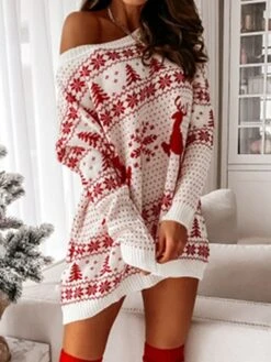 Women‘s Christmas Sweater Dress Jumper Dress Winter Dress Fashion Ugly Christmas Outdoor Christmas Daily Going Out Crew Neck Long Sleeve Patchwork 2023 Loose Fit White Red S M L XL -HANA Luxury Wear Shop cmmdmb1694602152016