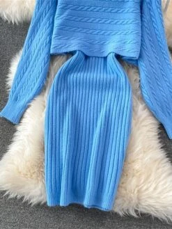 Women's Two Piece Dress Set Casual Dress Sheath Dress Outdoor Daily Fashion Streetwear Ruched Midi Dress Crew Neck Long Sleeve Plain Loose Fit Black White Wine Fall Winter One-Size -HANA Luxury Wear Shop cmshku1694057145549