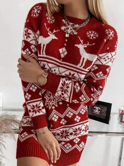 Women‘s Christmas Sweater Dress Jumper Dress Winter Dress Warm Geometric Plaid Print Outdoor Christmas Casual Daily Crew Neck Long Sleeve 2023 Loose Fit Black Red Gray S M L XL XXL -HANA Luxury Wear Shop cneqzi1694165723909