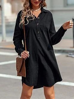 Women's Shirt Dress Casual Dress Mini Dress Outdoor Daily Cotton Linen Basic Classic Shirt Collar Button Pocket Long Sleeve Summer Spring Fall 2023 Loose Fit Black White Pink Pure Color S M L XL 2XL -HANA Luxury Wear Shop cnlgev1691465497865