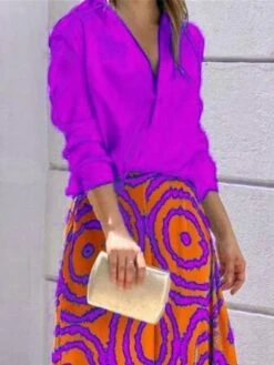 Women's Two Piece Dress Set Casual Dress Skirt Set Outdoor Daily Streetwear Modern Print Long Dress Maxi Dress Shirt Collar Long Sleeve Geometric Color Block Loose Fit Purple Fall Winter S M L XL XXL -HANA Luxury Wear Shop cnvves1694426814572