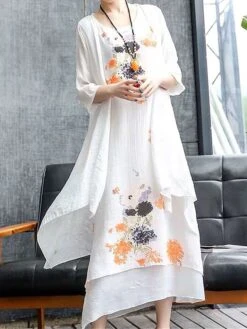 Women's Two Piece Dress Set Casual Dress Print Dress Daily Holiday Fashion Classic Fake Two Piece Print Midi Dress Crew Neck 3/4 Length Sleeve Floral Loose Fit White Pink Red Fall Winter One-Size -HANA Luxury Wear Shop cnytug1694068747064