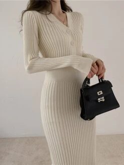Women‘s Sweater Dress Winter Dress Sheath Dress Midi Dress Black White Green Long Sleeve Pure Color Button Fall Winter Autumn V Neck Stylish Winter Dress Fall Dress 2023 One-Size -HANA Luxury Wear Shop conods1665656617691