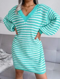 Women's Sweater Dress Jumper Dress Casual Dress Mini Dress Active Multicolor Outdoor Casual Daily Holiday V Neck Long Sleeve Patchwork 2023 Loose Fit Pink Blue Khaki S M L -HANA Luxury Wear Shop cpashg1692947772567