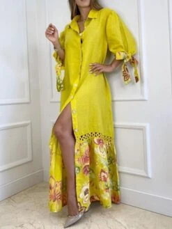 Women's Shirt Dress Casual Dress Shift Dress Long Dress Maxi Dress White Yellow Pink 3/4 Length Sleeve Floral Split Summer Spring Shirt Collar Fashion Loose Fit 2023 S M L XL 2XL 3XL 4XL -HANA Luxury Wear Shop cpkclf1672050942553