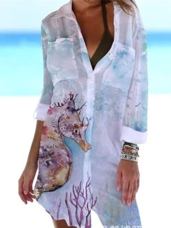 Women's Shirt Dress Cover Up Beach Wear Mini Dress Pocket Print Fashion Casual Fish Turndown 3/4 Length Sleeve Loose Fit Outdoor Daily White Blue 2023 Summer Spring S M L XL -HANA Luxury Wear Shop cprett1676972500349