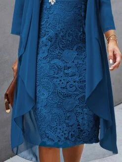 Women's Two Piece Dress Set Casual Dress Lace Dress Outdoor Daily Fashion Elegant Lace Patchwork Midi Dress V Neck Long Sleeve Plain Regular Fit Wine Blue Sky Blue Fall Winter S M L XL XXL -HANA Luxury Wear Shop cpxnjq1694057202004