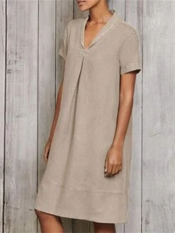 Women's Casual Dress Cotton Linen Dress A Line Dress Midi Dress Linen Cotton Blend Fashion Modern Outdoor Daily Vacation V Neck Ruched Short Sleeve Summer Spring 2023 Loose Fit ArmyGreen Wine Sky Blue -HANA Luxury Wear Shop cqnwlq1678262787991