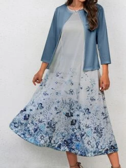 Women's Two Piece Dress Set Casual Dress Swing Dress Outdoor Office Fashion Streetwear Print Midi Dress Crew Neck 3/4 Length Sleeve Floral Regular Fit Navy Blue Royal Blue Blue Fall Winter S M L XL -HANA Luxury Wear Shop cquucs1697770550202