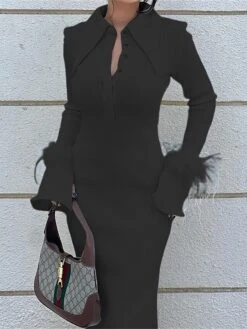 Women‘s Sweater Dress Winter Dress Party Dress Wedding Guest Dress Maxi Dress Fashion Pure Color Formal Evening Party Holiday Shirt Collar Long Sleeve Feather 2023 Regular Fit Black Beige -HANA Luxury Wear Shop cqwwkw1678849988528