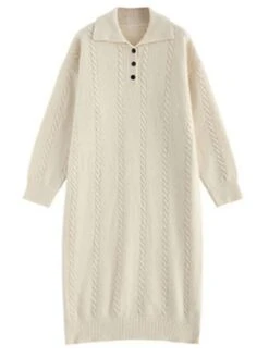 Women's Sweater Dress Jumper Dress Casual Dress Midi Dress Fashion Pure Color Outdoor Daily Vacation Going Out Lapel Long Sleeve Patchwork Button 2023 Regular Fit White Camel One Size -HANA Luxury Wear Shop crffxh1695280913515