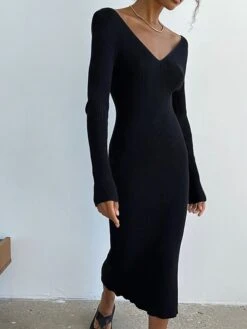 Women's Sweater Dress Jumper Dress Casual Dress Midi Dress Fashion Pure Color Outdoor Vacation Going Out V Neck Long Sleeve 2023 Regular Fit Black Pink Blue S M L -HANA Luxury Wear Shop cskqxp1697538592816