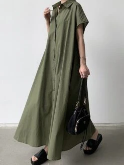 Women's Shirt Dress Casual Dress Maxi Long Dress Outdoor Daily Cotton Linen Basic Classic Shirt Collar Button Short Sleeve Summer Spring 2023 Loose Fit Navy Blue Brown Green Pure Color S M L XL XXL -HANA Luxury Wear Shop cspcxp1688542114844