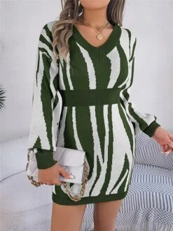 Women's Sweater Dress Winter Dress Jumper Dress Mini Dress Warm Stripe Outdoor Casual Holiday Vacation V Neck Long Sleeve Patchwork 2023 Loose Fit Green Khaki Rose Red S M L -HANA Luxury Wear Shop cssfbu1696926513734