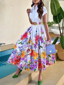 Women's Shirt Dress Casual Dress Swing Dress Maxi Long Dress Outdoor Daily Date Polyester Fashion Modern Shirt Collar Button Print Short Sleeve Summer Spring 2023 Loose Fit White Floral S M L XL