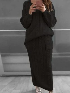 Women's Two Piece Dress Set Casual Dress Skirt Set Daily Holiday Fashion Streetwear Pocket Ribbed Long Dress Maxi Dress Crew Neck Long Sleeve Plain Loose Fit Black Yellow Wine Fall Winter S M L XL XXL -HANA Luxury Wear Shop csvvpk1694165728860